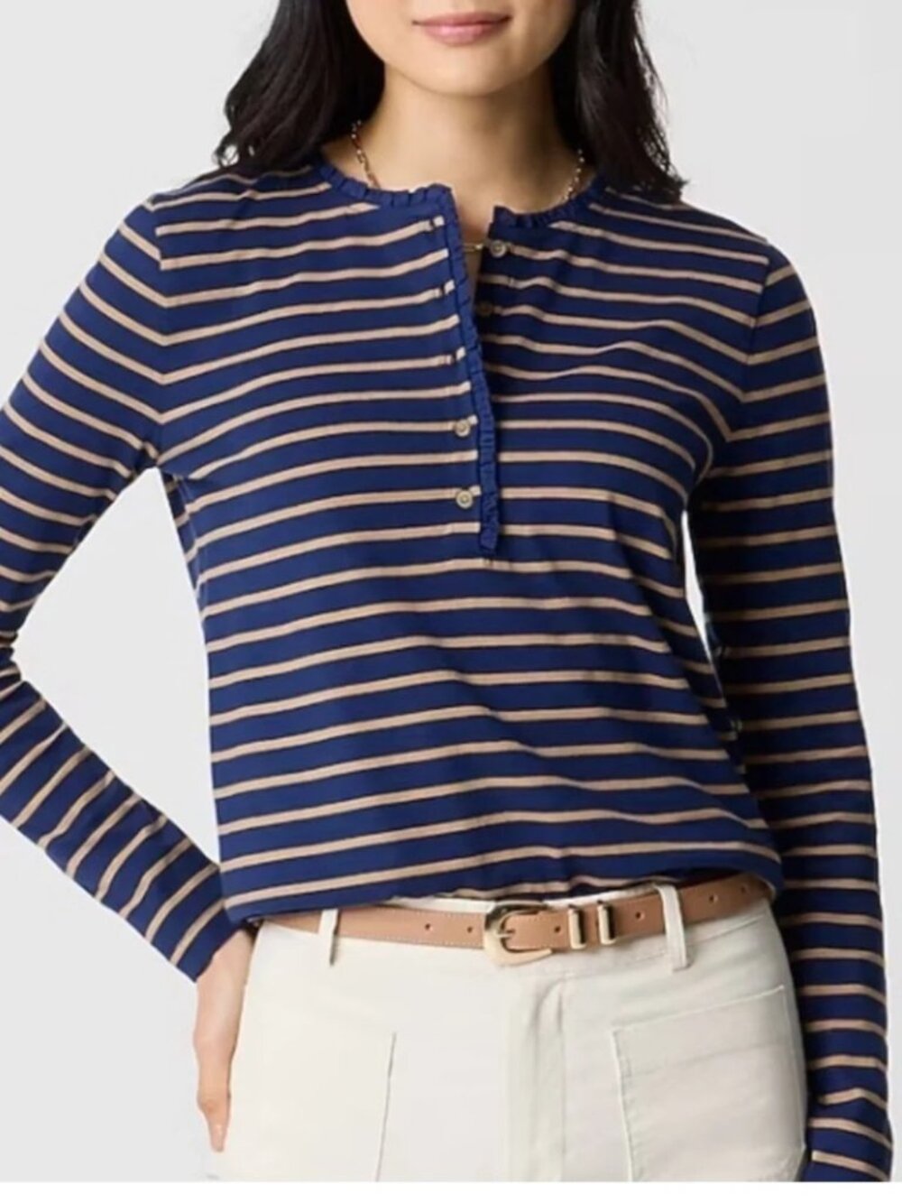 NWT J. Crew Factory Striped Ruffle-Collar Henley LS Top, Navy/Camel, Small